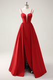 Red Ball-Gown Spaghetti Straps Lace Up Back Long Formal Dress with Slit