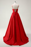 Red Ball-Gown Spaghetti Straps Lace Up Back Long Formal Dress with Slit