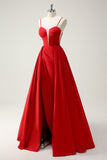 Red Ball-Gown Spaghetti Straps Lace Up Back Long Formal Dress with Slit