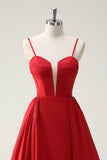 Red Ball-Gown Spaghetti Straps Lace Up Back Long Formal Dress with Slit