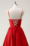 Red Ball-Gown Spaghetti Straps Lace Up Back Long Formal Dress with Slit