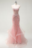 Sparkly Pink Mermaid Spaghetti Straps Corset Long Formal Dress