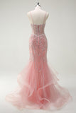 Sparkly Pink Mermaid Spaghetti Straps Corset Long Formal Dress