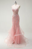 Sparkly Pink Mermaid Spaghetti Straps Corset Long Formal Dress