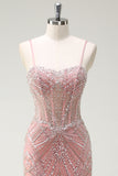 Sparkly Pink Mermaid Spaghetti Straps Corset Long Formal Dress