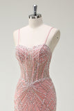 Sparkly Pink Mermaid Spaghetti Straps Corset Long Formal Dress