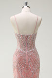 Sparkly Pink Mermaid Spaghetti Straps Corset Long Formal Dress