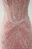 Sparkly Pink Mermaid Spaghetti Straps Corset Long Formal Dress