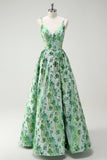 Sparkly Green Floral A-Line Spaghetti Straps Long Formal Dress