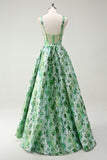 Sparkly Green Floral A-Line Spaghetti Straps Long Formal Dress