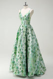 Sparkly Green Floral A-Line Spaghetti Straps Long Formal Dress