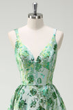 Sparkly Green Floral A-Line Spaghetti Straps Long Formal Dress