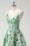 Sparkly Green Floral A-Line Spaghetti Straps Long Formal Dress