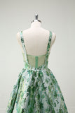 Sparkly Green Floral A-Line Spaghetti Straps Long Formal Dress