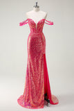 Fuchsia Mermaid Sequined Off The Shoulder Formal Dress