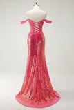 Fuchsia Mermaid Sequined Off The Shoulder Formal Dress