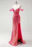 Fuchsia Mermaid Sequined Off The Shoulder Formal Dress