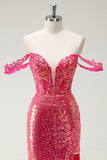 Fuchsia Mermaid Sequined Off The Shoulder Formal Dress