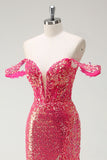 Fuchsia Mermaid Sequined Off The Shoulder Formal Dress