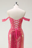 Fuchsia Mermaid Sequined Off The Shoulder Formal Dress