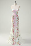 Sparkly White Floral Strapless Mermaid Long Formal Dress