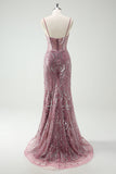 Sparkly Grey Purple Mermaid Spaghetti Straps Long Formal Dress With Sequins