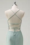 Sage Mermaid Spaghetti Straps Ruched Long Formal Dress with Lace Up Back