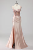 Blush Satin Corset Long Mermaid Sequin Prom Dress with Slit