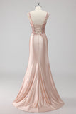 Blush Satin Corset Long Mermaid Sequin Prom Dress with Slit