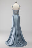 Blush Satin Corset Long Mermaid Sequin Prom Dress with Slit