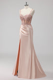 Blush Satin Corset Long Mermaid Sequin Prom Dress with Slit