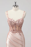 Blush Satin Corset Long Mermaid Sequin Prom Dress with Slit