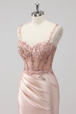 Blush Satin Corset Long Mermaid Sequin Prom Dress with Slit