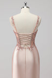 Blush Satin Corset Long Mermaid Sequin Prom Dress with Slit