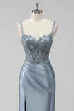 Blush Satin Corset Long Mermaid Sequin Prom Dress with Slit