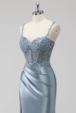Blush Satin Corset Long Mermaid Sequin Prom Dress with Slit