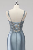 Blush Satin Corset Long Mermaid Sequin Prom Dress with Slit
