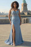 Sparkly Grey Blue Satin Corset Long Mermaid Formal Dress with Slit