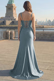 Sparkly Grey Blue Satin Corset Long Mermaid Formal Dress with Slit