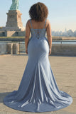 Sparkly Grey Blue Satin Corset Long Mermaid Formal Dress with Slit