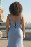 Grey Blue Corset Satin Mermaid Beaded Ruched Long Plus Size Prom Dress with Slit