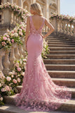 Mermaid Taro V-Neck Ruched Long Prom Dress with Appliqued 3D Flowers
