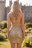 Sparkly Golden Bodycon Sweetheart Sheer Corset Sequins Homecoming Dress