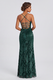 Dark Green Velvet Sheath Velvet Burnout Long Prom Dress
