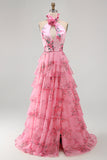 Halter Neck Blush Cut Out Chiffon Tiered Ruffled Long Prom Dress with 3D Flower