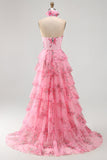Halter Neck Blush Cut Out Chiffon Tiered Ruffled Long Prom Dress with 3D Flower