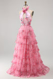 Halter Neck Blush Cut Out Chiffon Tiered Ruffled Long Prom Dress with 3D Flower