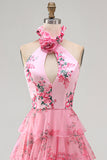 Halter Neck Blush Cut Out Chiffon Tiered Ruffled Long Prom Dress with 3D Flower