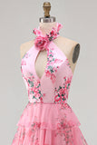 Halter Neck Blush Cut Out Chiffon Tiered Ruffled Long Prom Dress with 3D Flower
