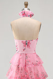 Halter Neck Blush Cut Out Chiffon Tiered Ruffled Long Prom Dress with 3D Flower